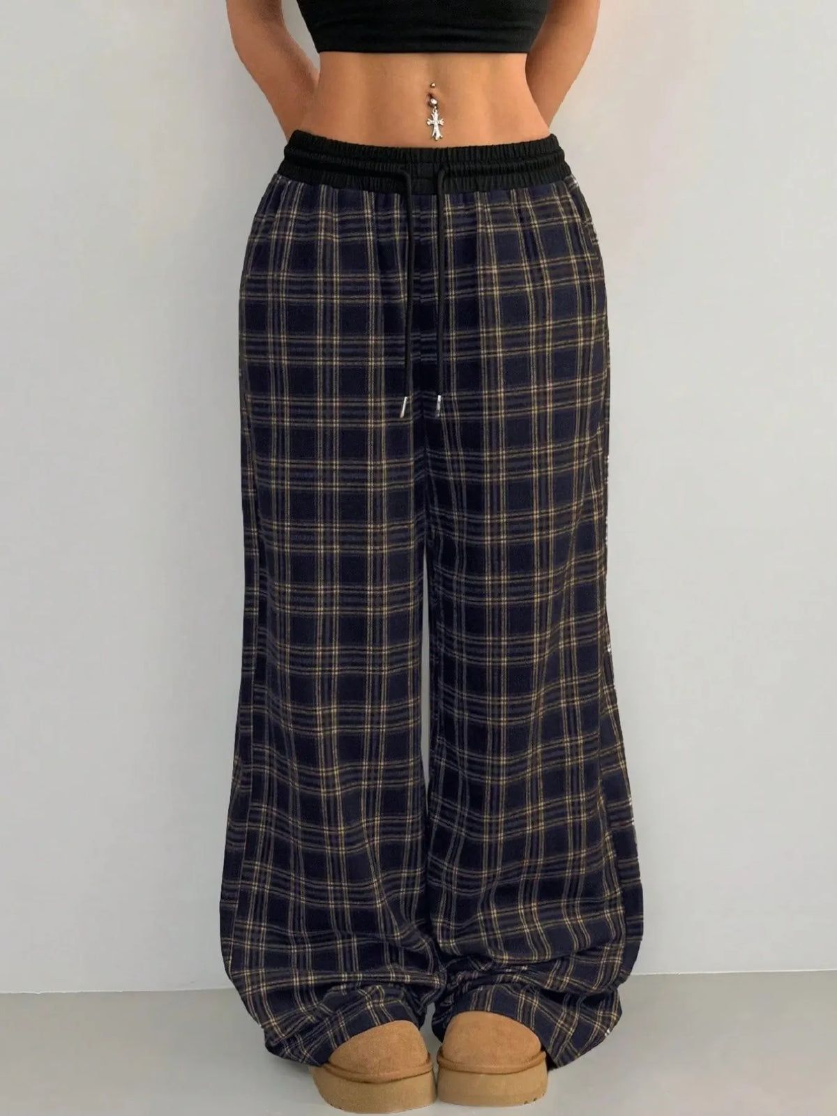 Plaid Wide-Leg Drawstring Pants in Scarlet