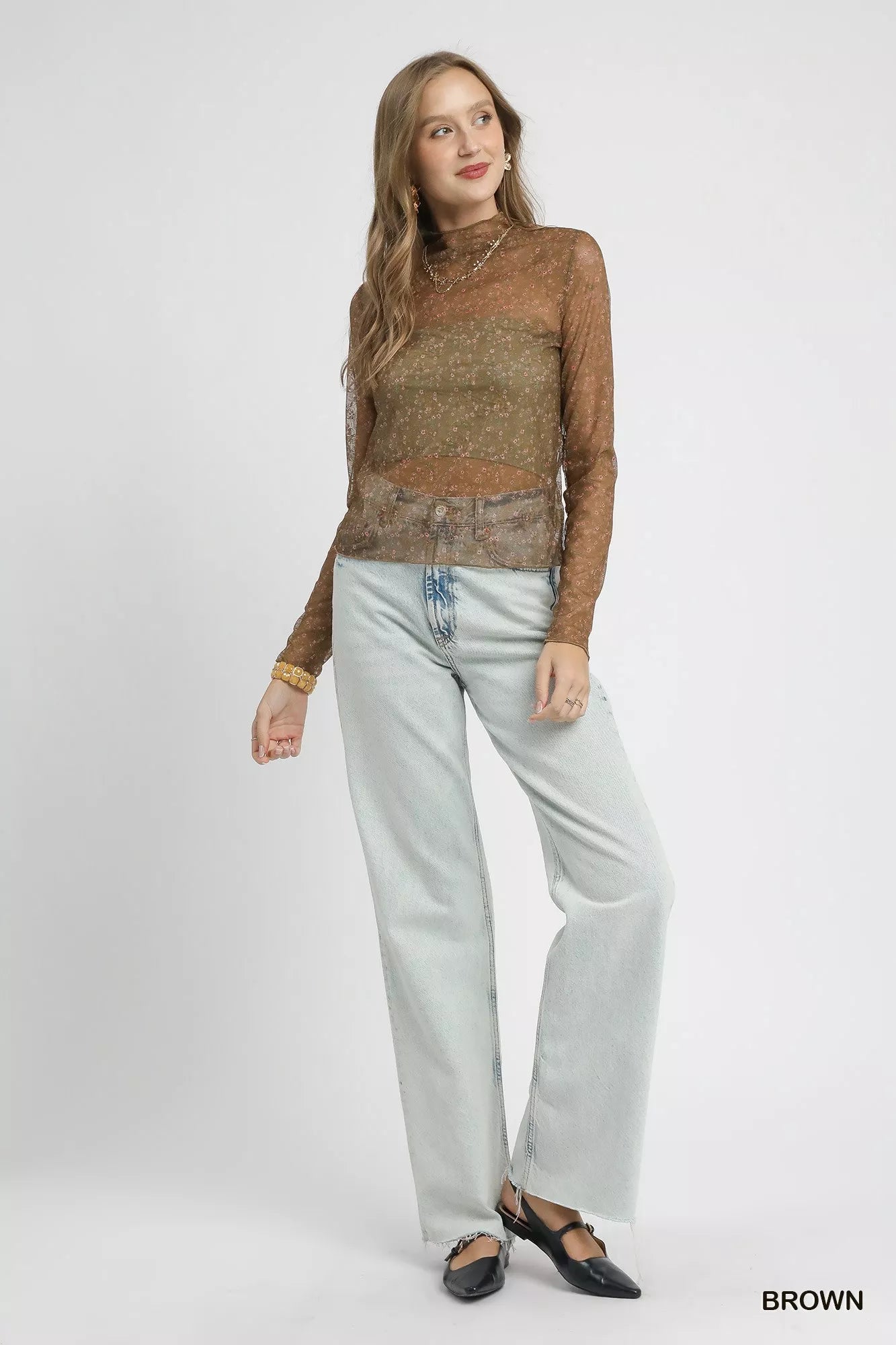 Umgee Lace Mesh Long Sleeve Top in Brown