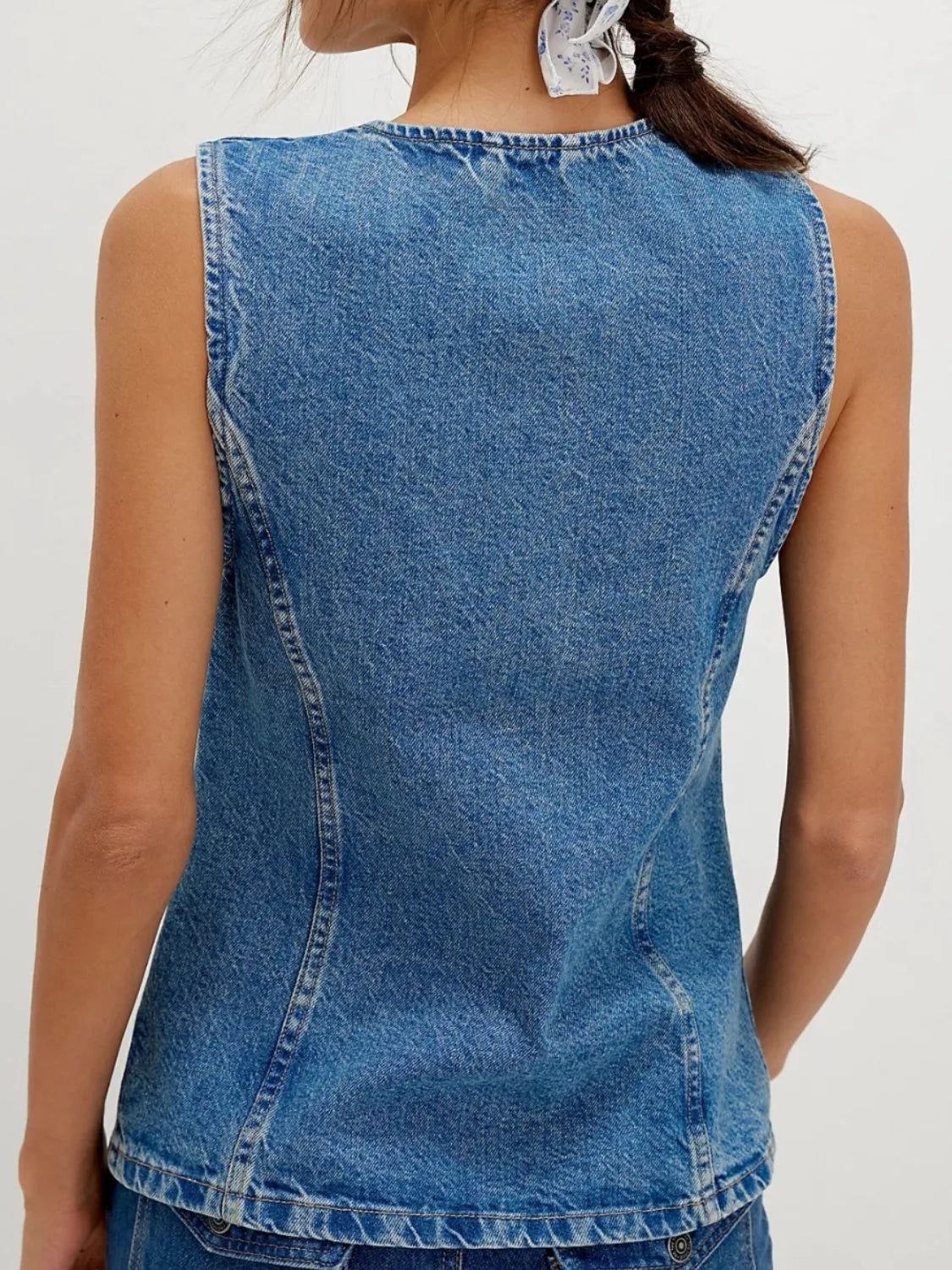Button Down Round Neck Denim Vest