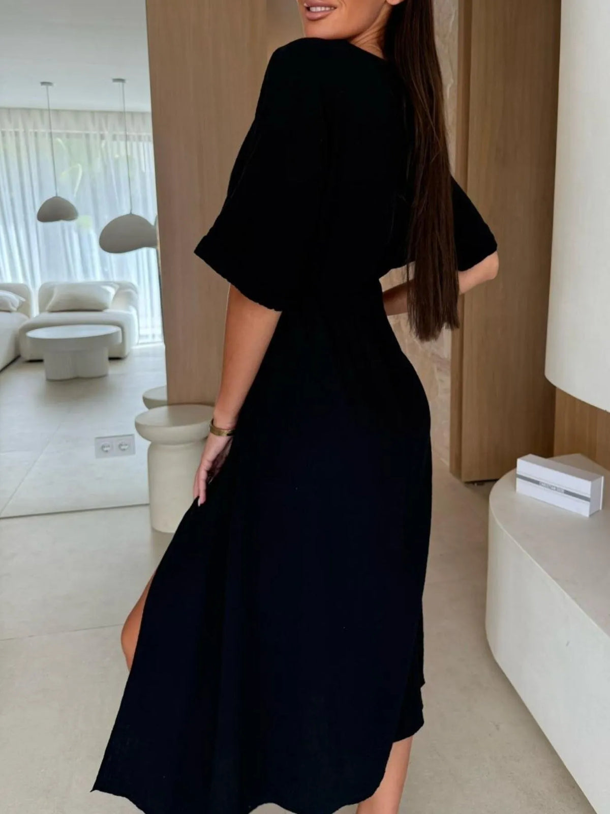 Surplice Half-Sleeve Midi Dress with Slit