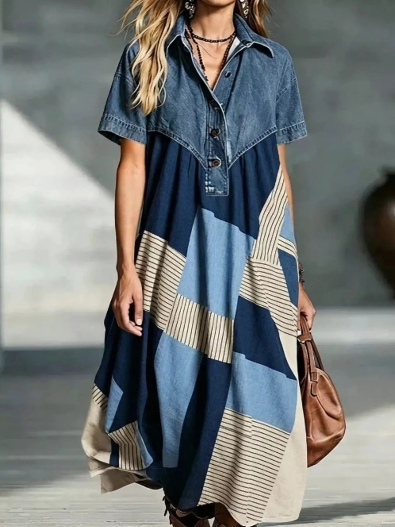 Denim Patchwork Print Shirt Dress