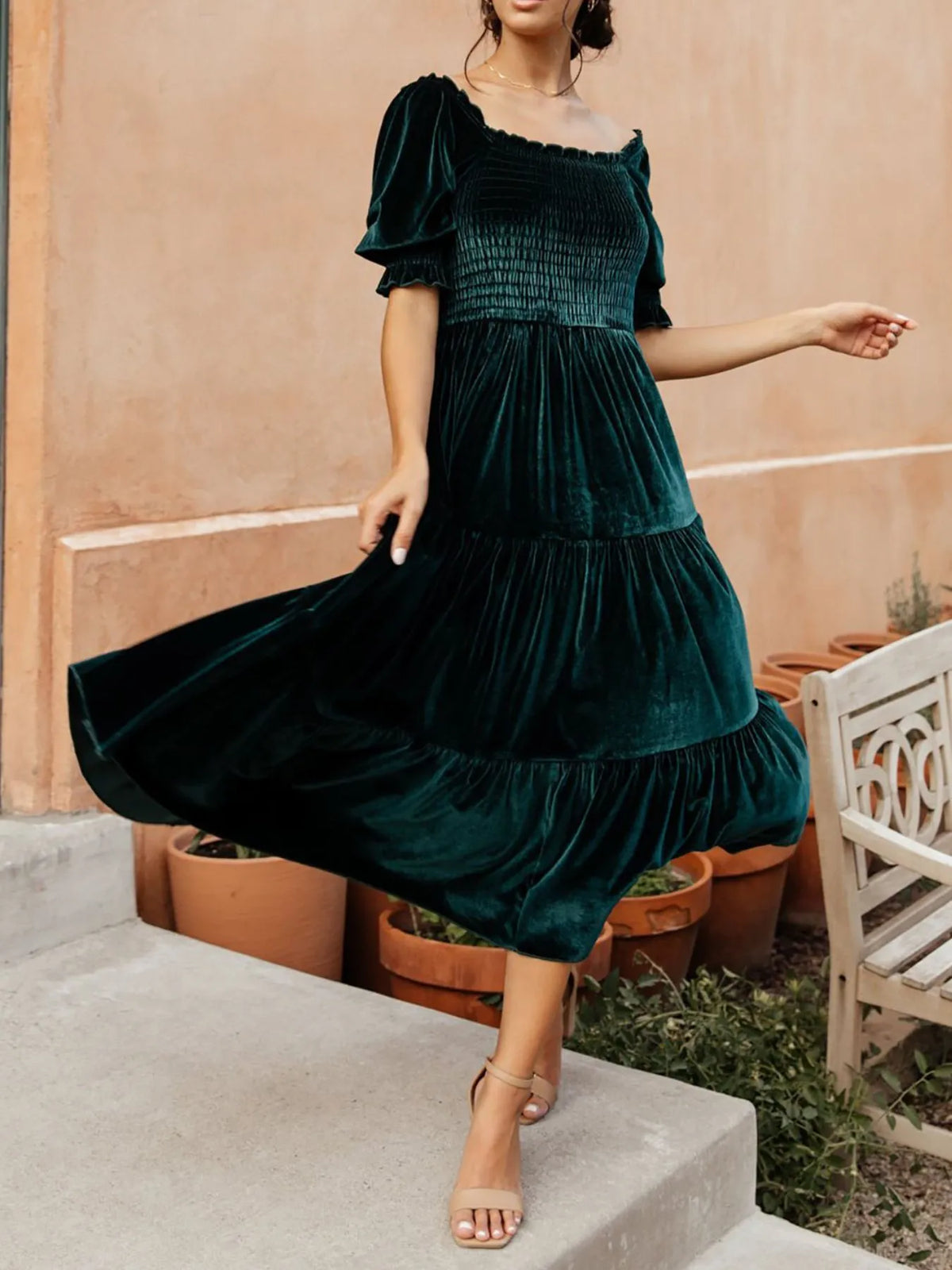 Smocked Half-Sleeve Tiered Midi Dress