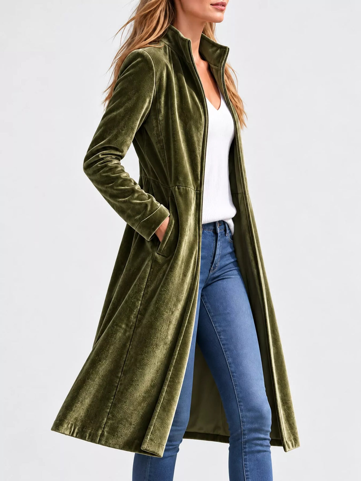 Velvet Zip-Up Longline Jacket