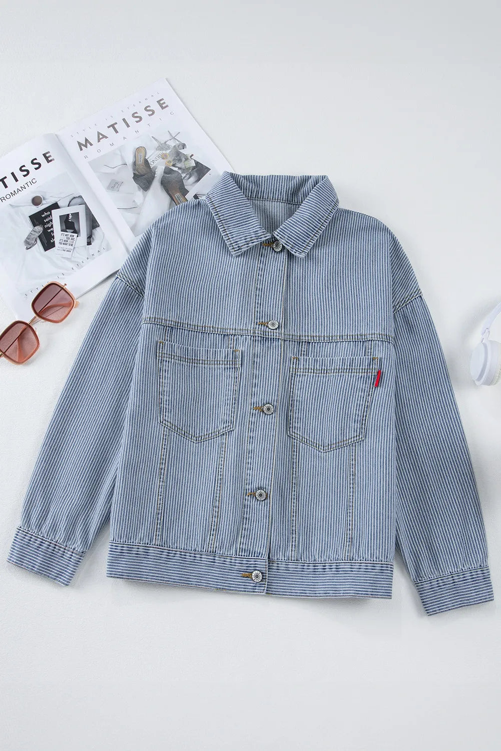 Striped Button-Up Denim Jacket