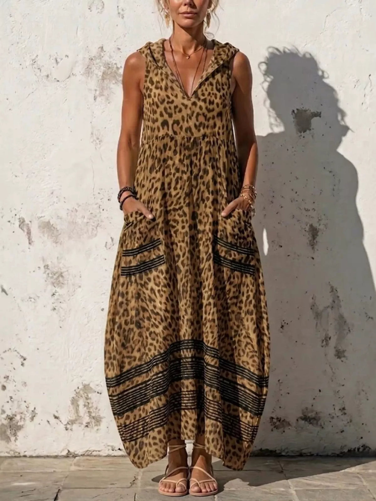 Hooded Leopard Print Maxi Dress, Plus Size