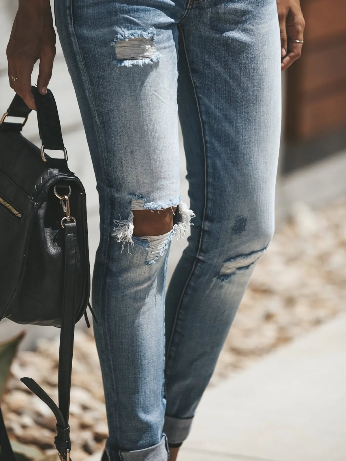 Distressed Button-Fly Skinny Jeans in Light Blue by Lone Star Lady