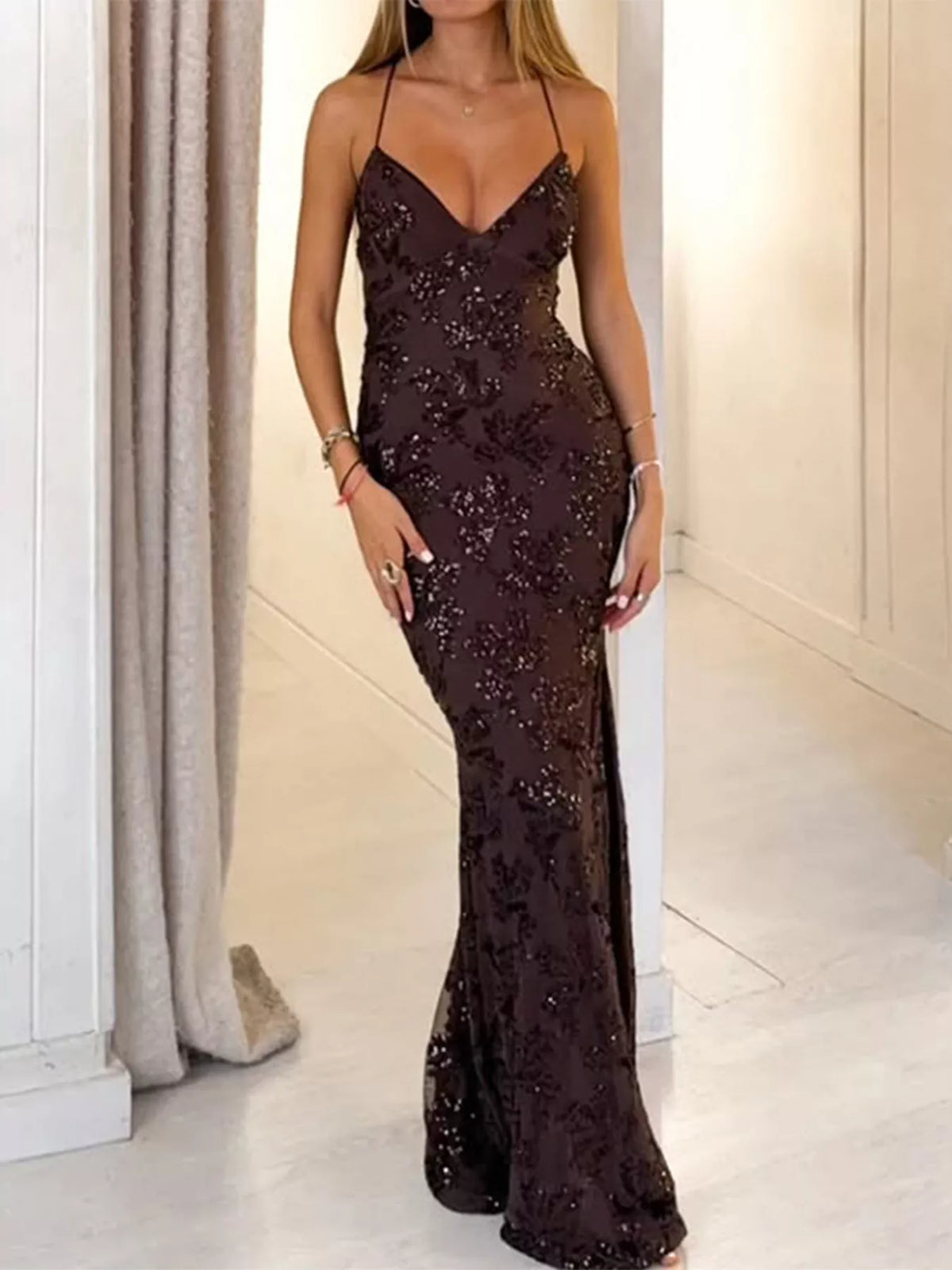 Sequin Mermaid Evening Maxi Dress in Coffee Brown