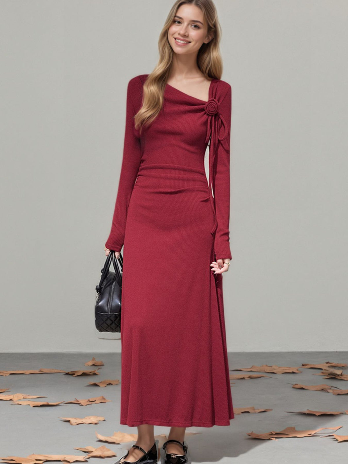 Tied Asymmetrical-Neckline Long Sleeve Dress in Red