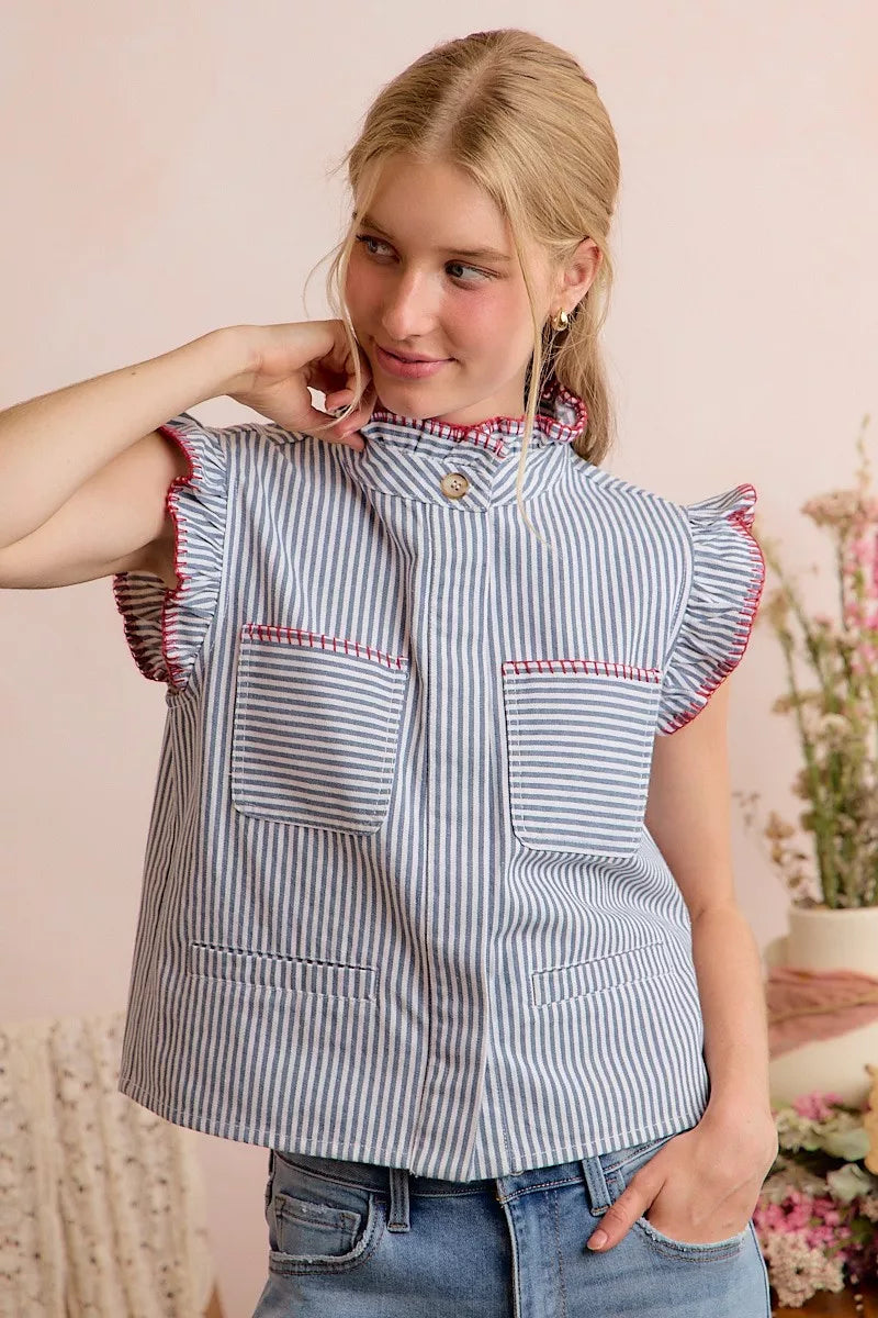 So Me Striped Ruffled Vest Top in Blue and Red in Blue/Red