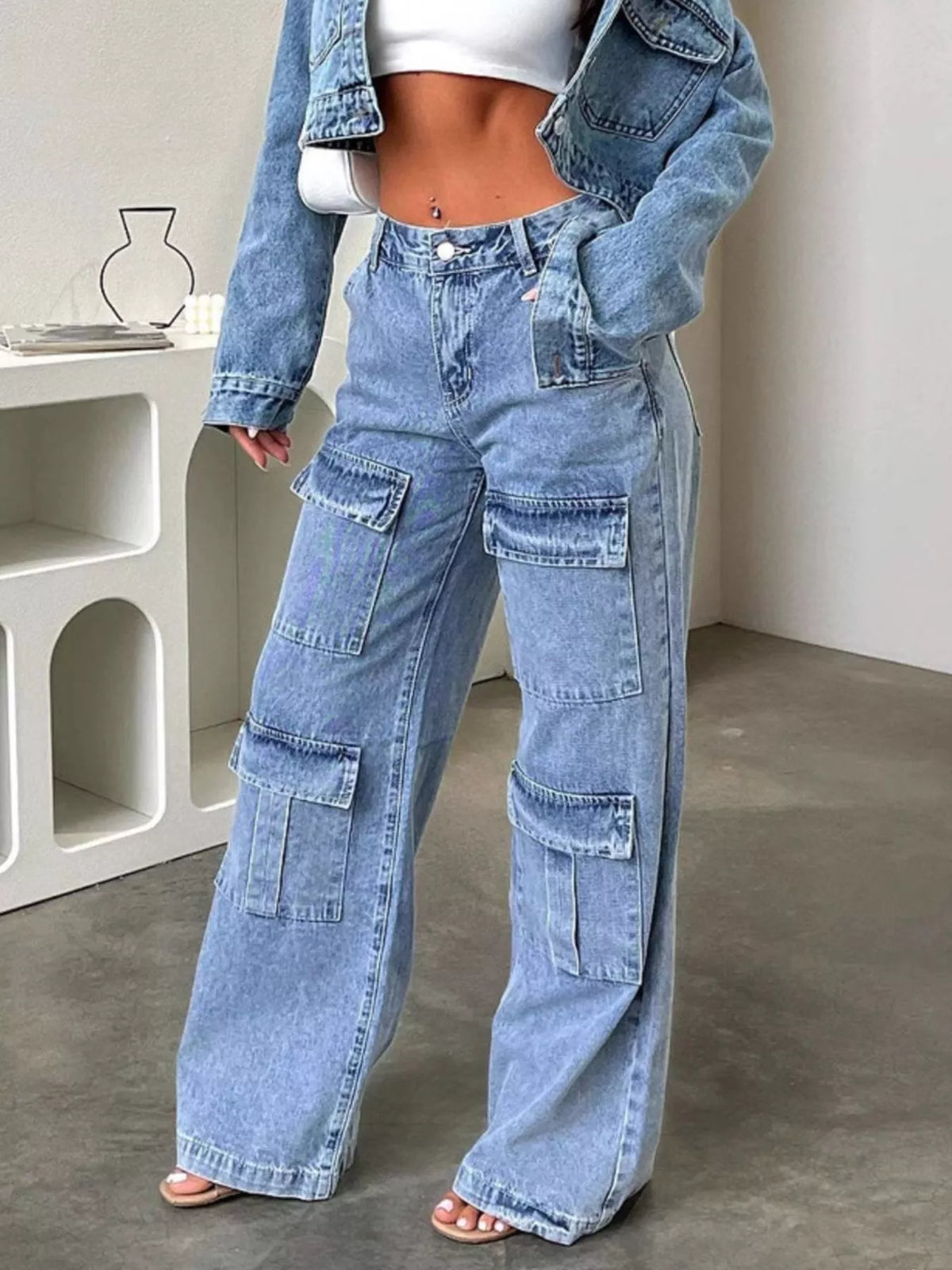 Zip-Front High-Waisted Wide-Leg Cargo Jeans by Dreamy Drapes