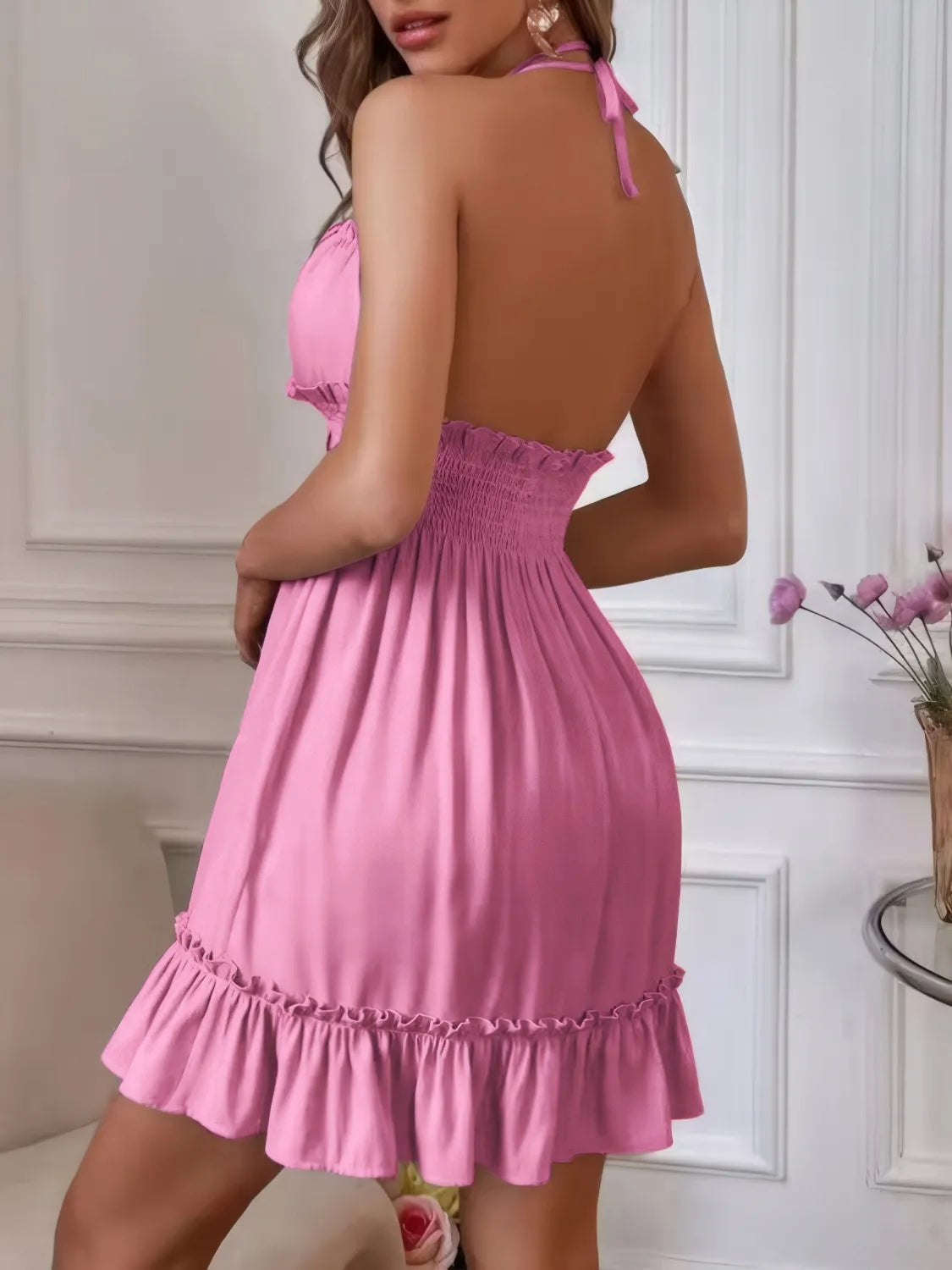 Smocked Halter Neck Mini Dress in Fuchsia Pink