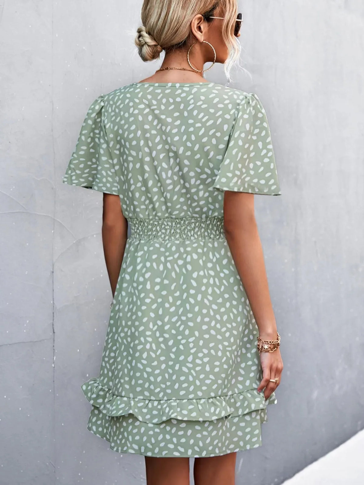V-Neck Flutter Sleeve Mini Dress by Elaine