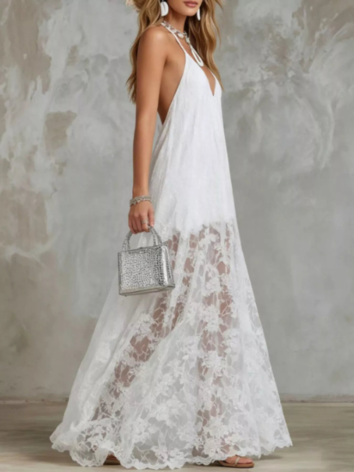 Halter Neck Lace Hem Maxi Dress in White