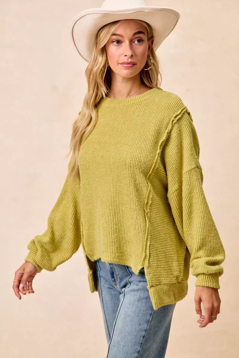 Boucle Uneven Hem Sweater in Lime by BiBi