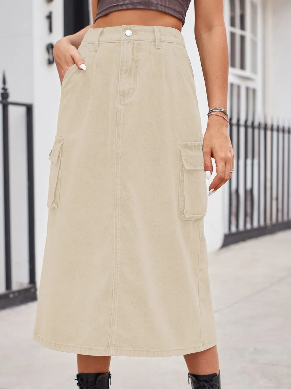 Slit Buttoned Denim Skirt with Pockets by Manny