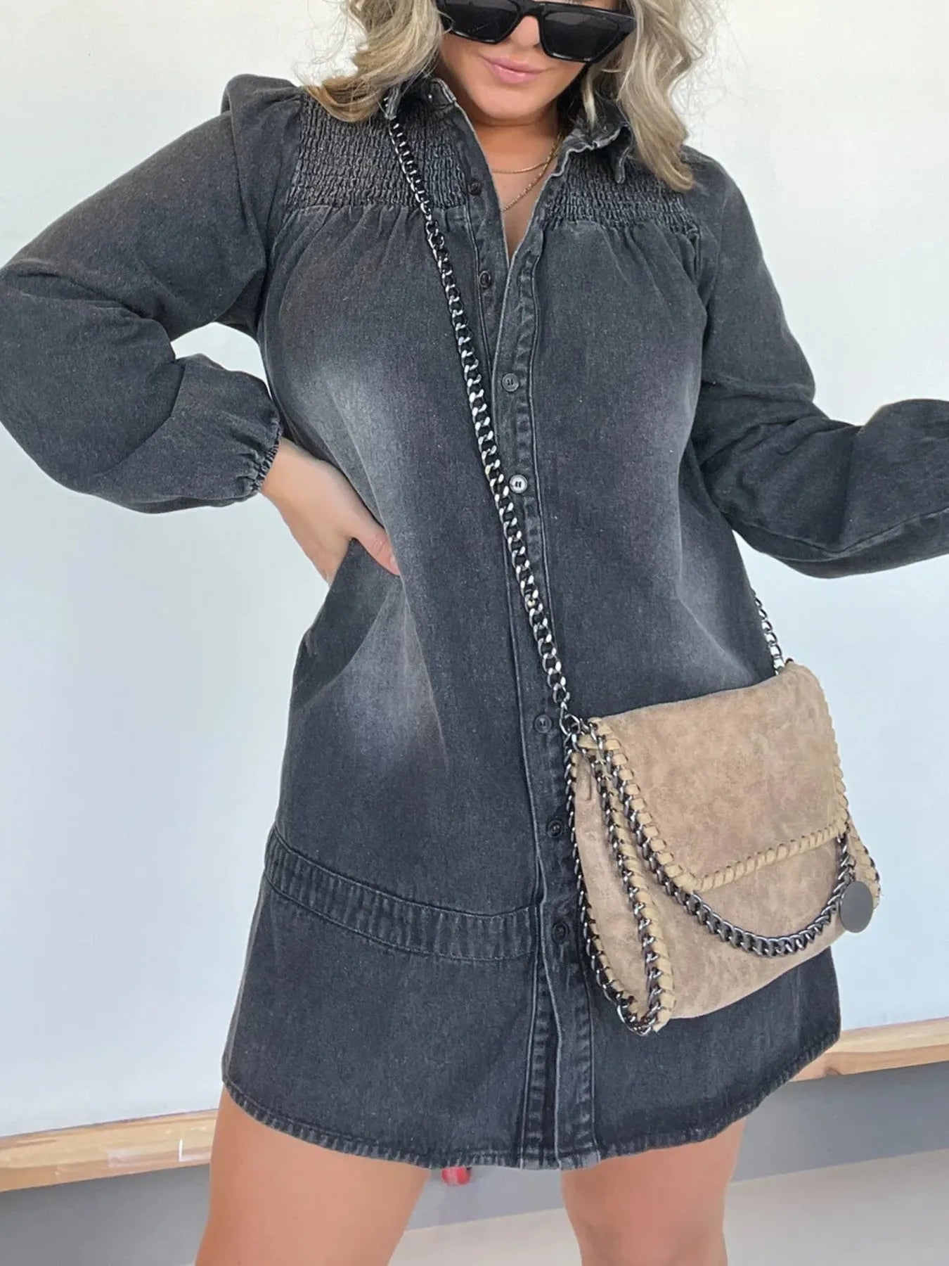 Button-Front Long Sleeve Denim Dress
