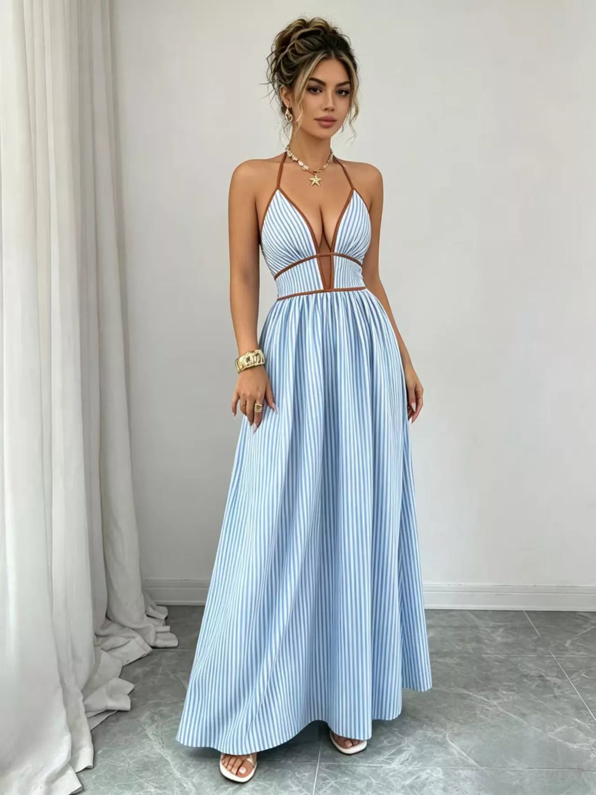 Striped Smocked Halter Neck Maxi Dress