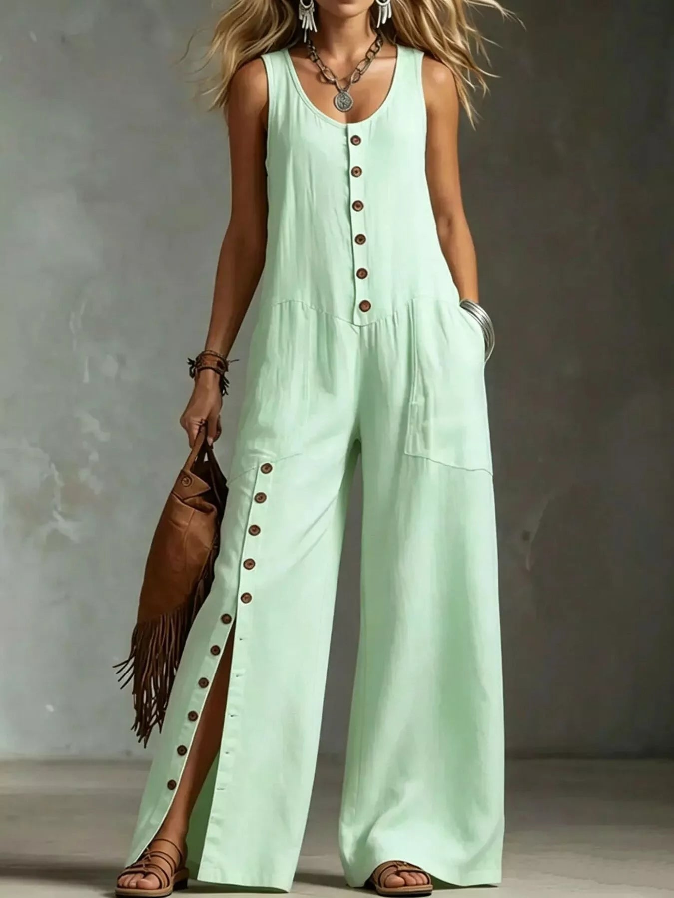Sleeveless Button-Down Wide-Leg Jumpsuit