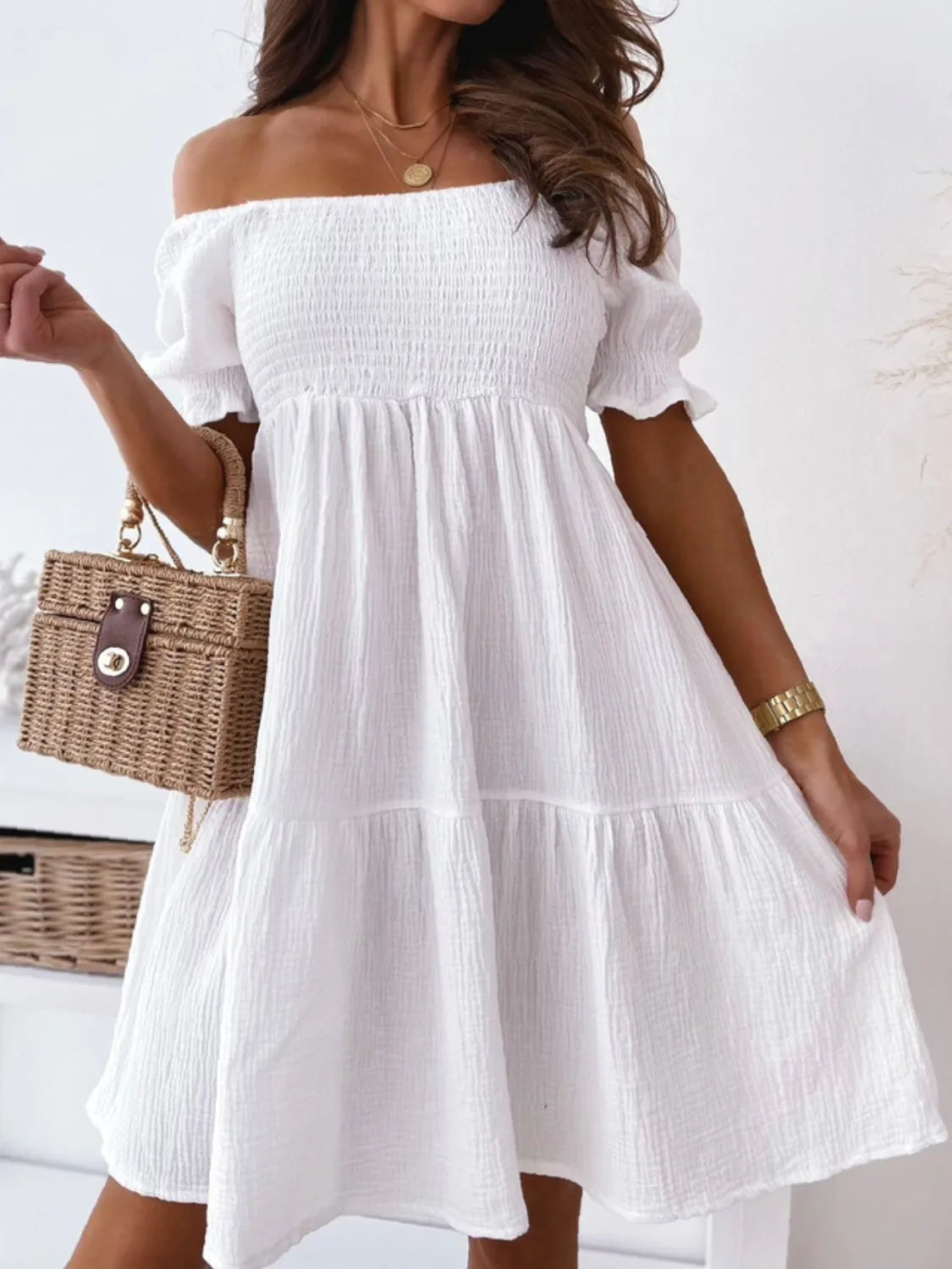 Smocked Off-Shoulder Mini Dress