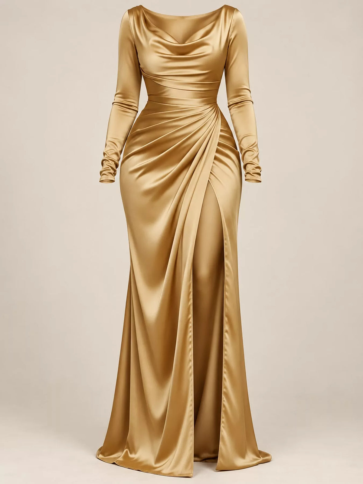 Satin Cowl Neck High-Slit Evening Maxi Dress