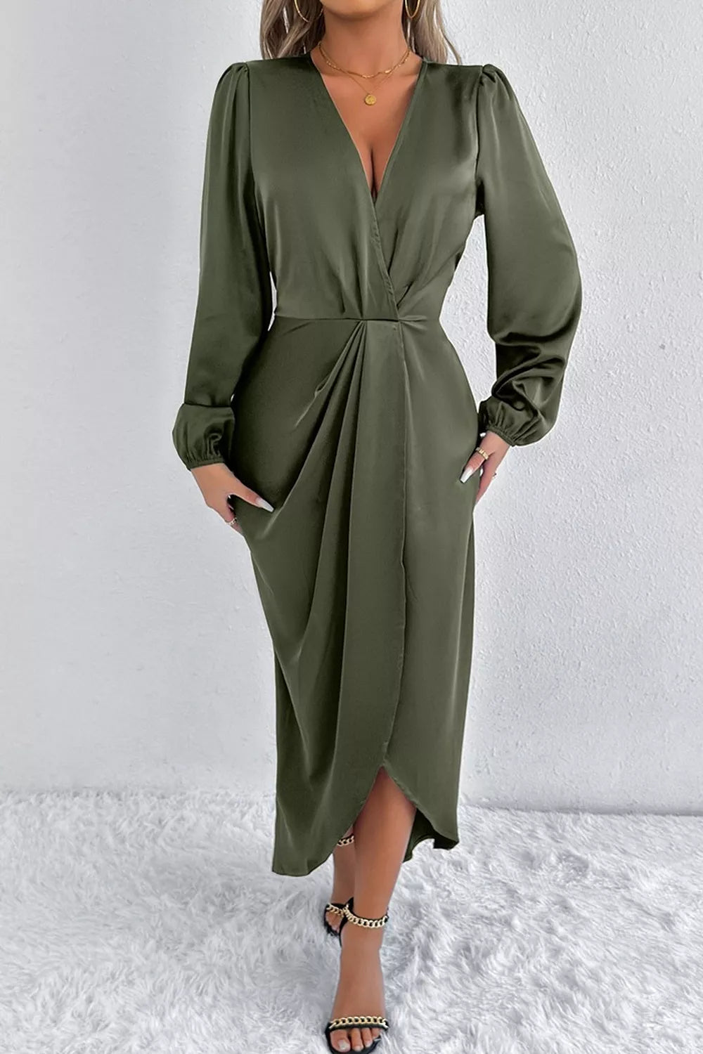 Satin Balloon Sleeve Midi Dress with Side Split