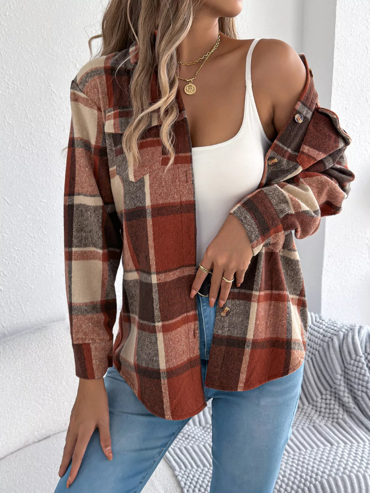 Plaid Button-Down Shacket by Clise