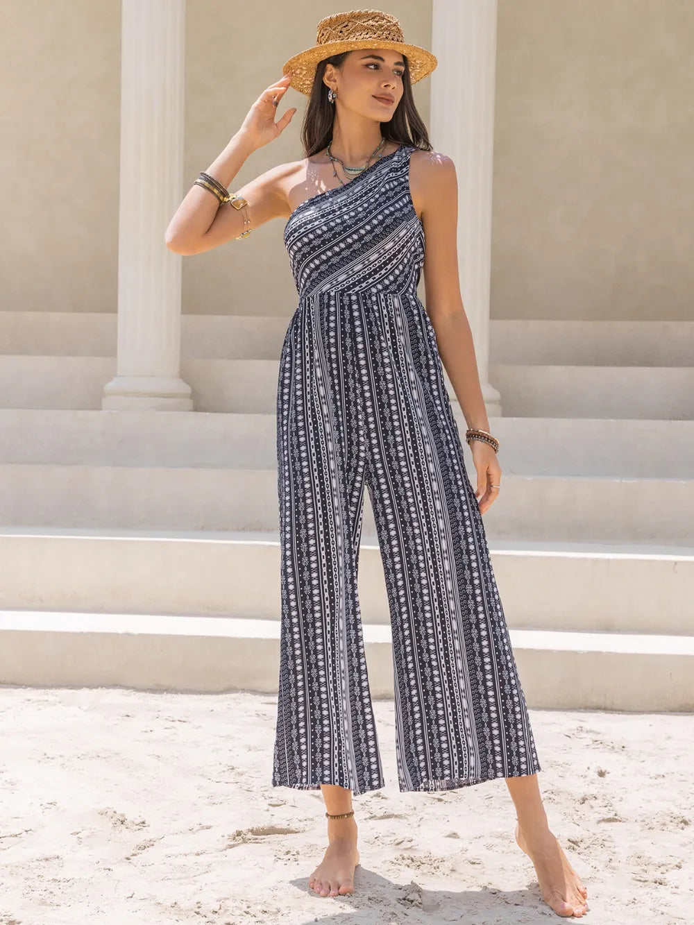 Printed Single-Shoulder Sleeveless Jumpsuit