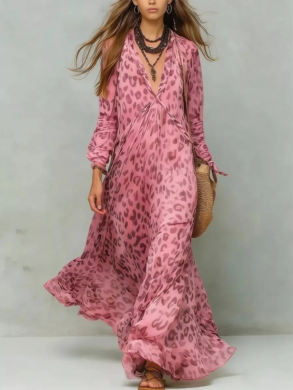 Leopard Print V-Neck Maxi Dress by Kaelinne