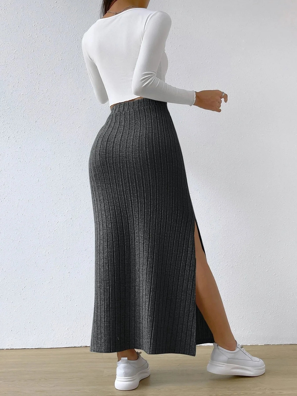 High-Waisted Ribbed Knit Maxi Skirt