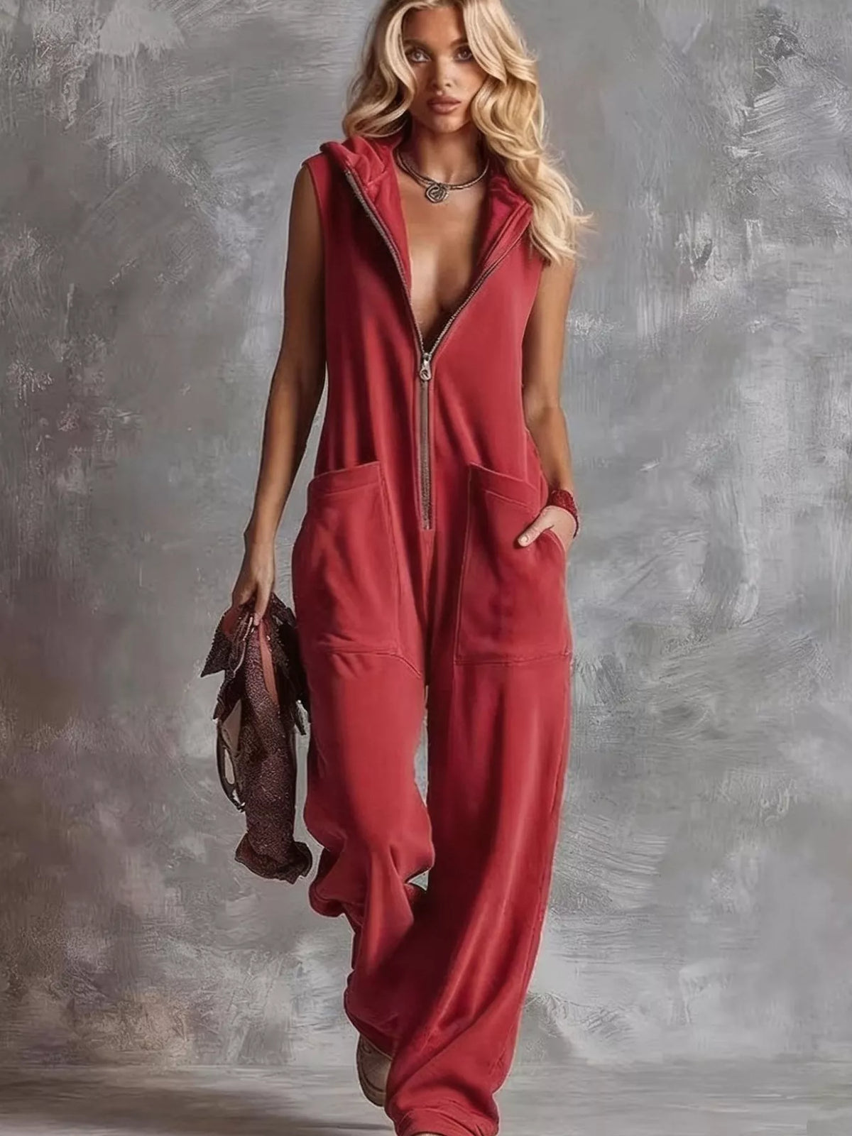 Sleeveless Hooded Zip-Front Jumpsuit