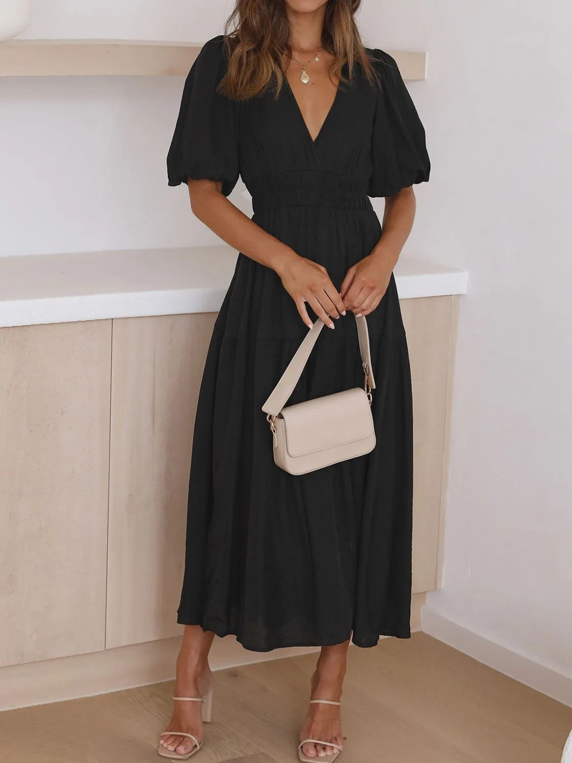 V-Neck Puff Sleeve Ruched Midi Dress