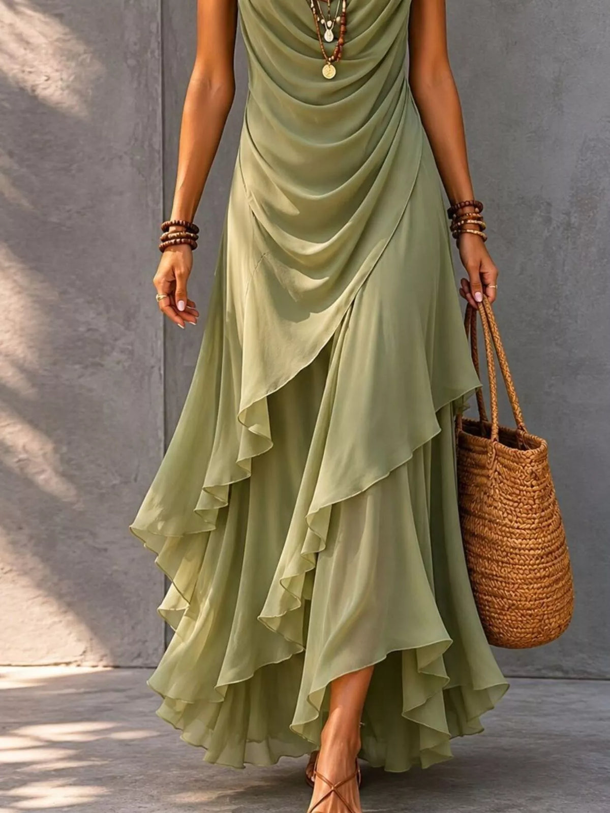 Sleeveless Layered Ruffle Hem Maxi Dress