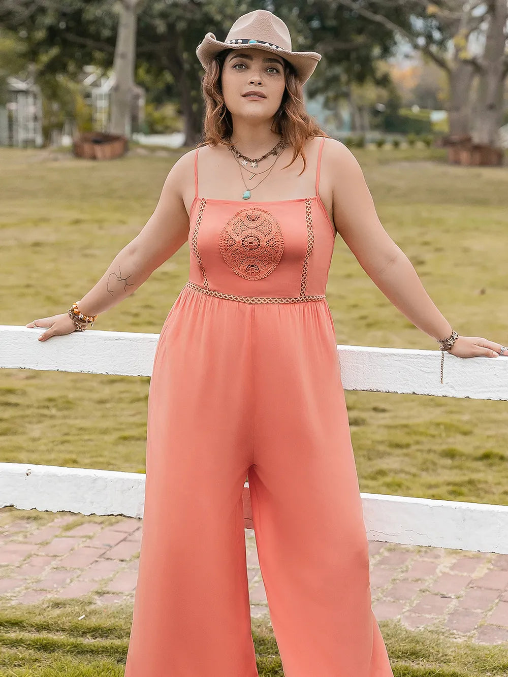 Lace Detail Wide Leg Jumpsuit in Orange