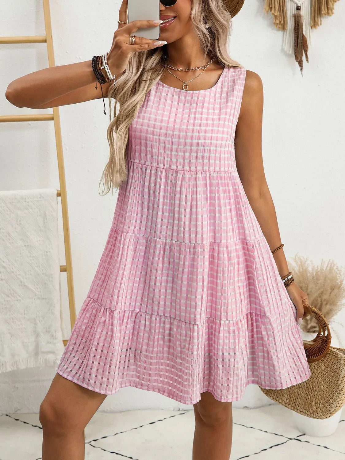 Plaid Round Neck Mini Dress