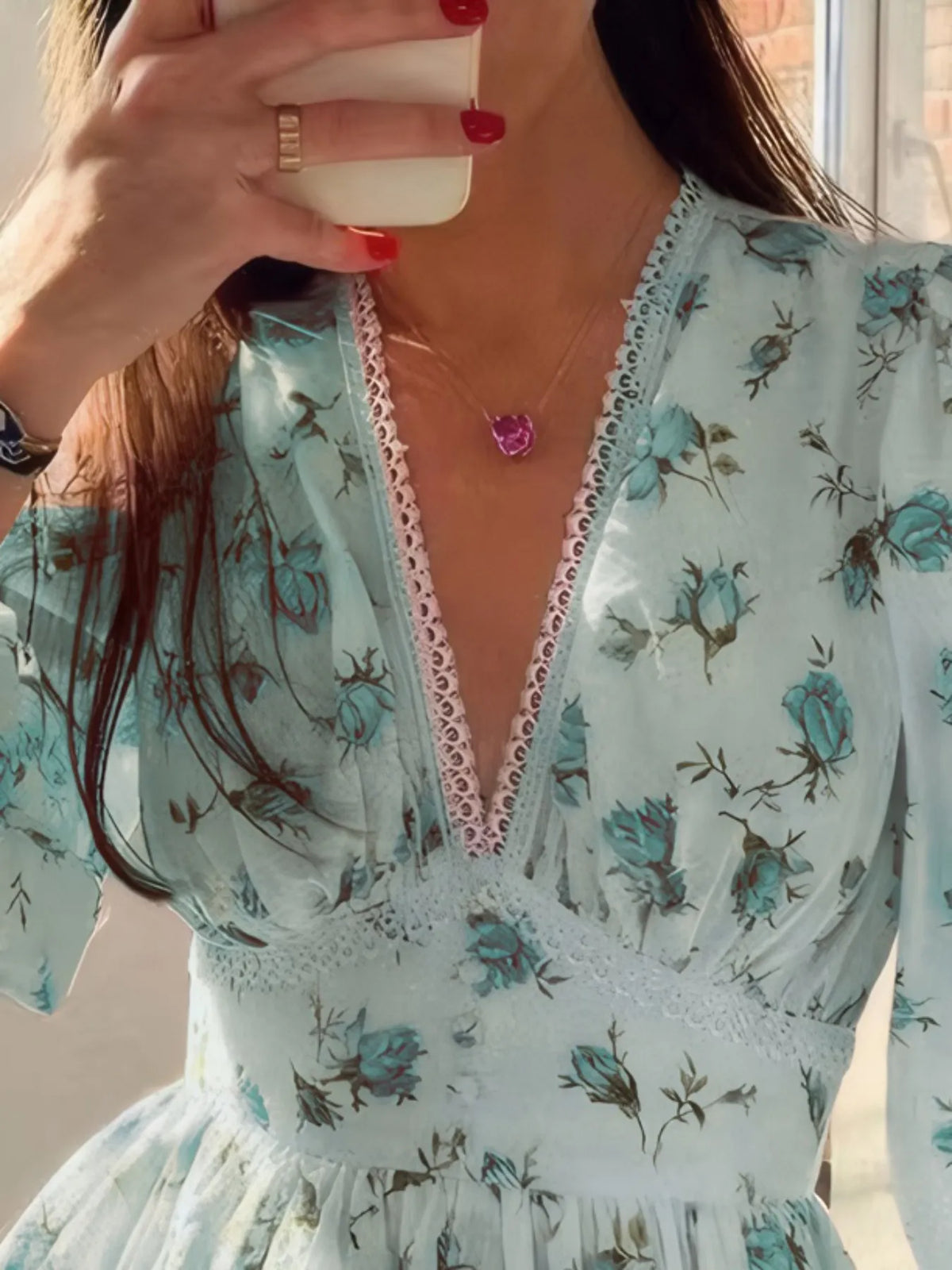 Floral Lace-Detail V-Neck Mini Dress
