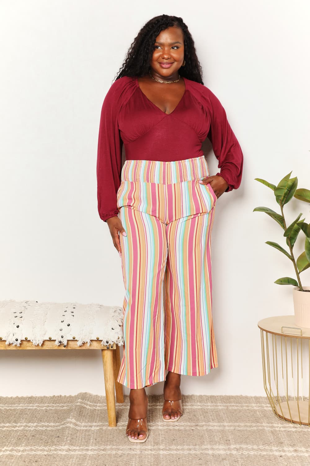Double Take Striped Smocked Waist Pants with Pockets in Multicolor
