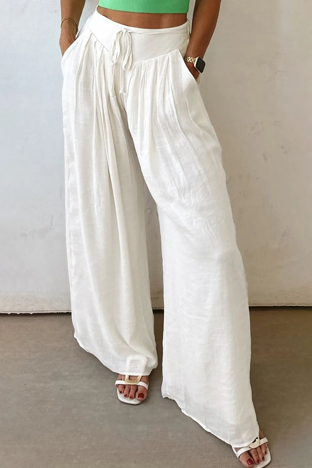 Flowy Wide Leg Pants with Drawstring Waist in White