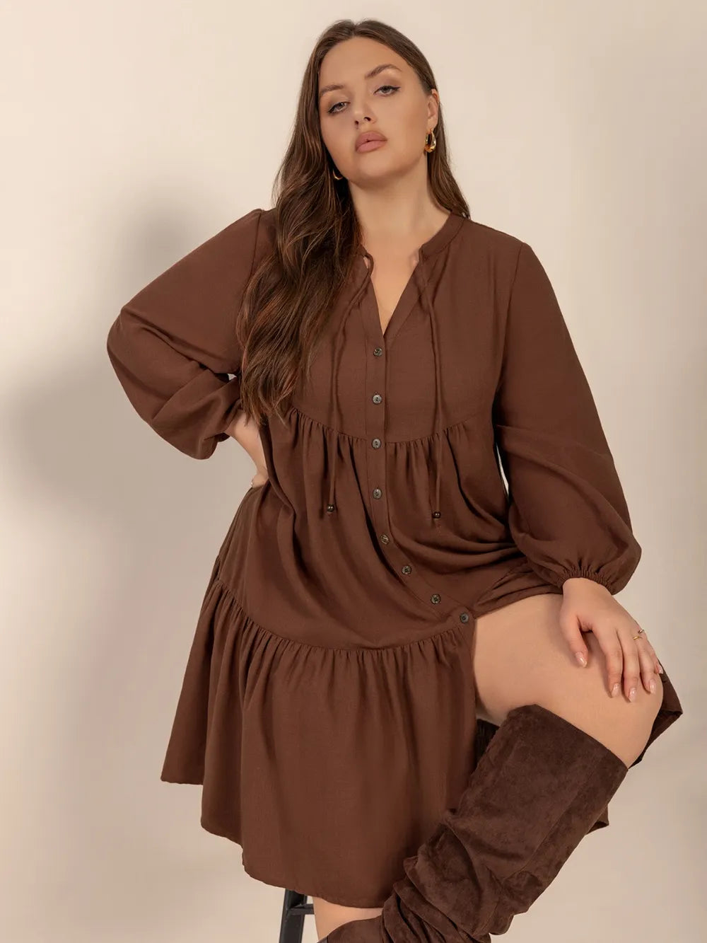 Plus Size Tie-Neck Tiered Dress in Brown