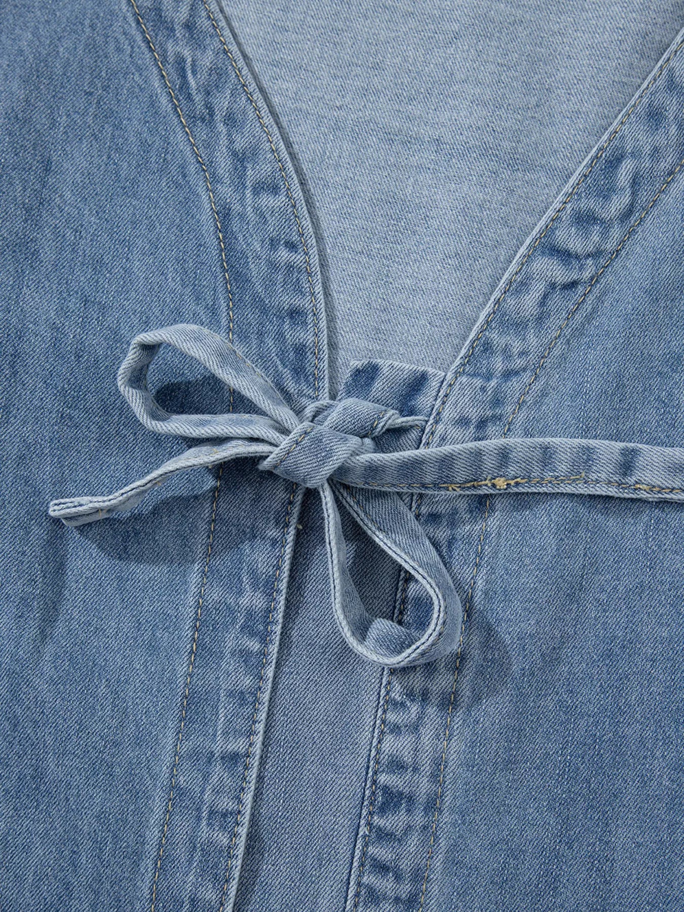 Tied Front Puff Sleeve Denim Top in Dusty Blue
