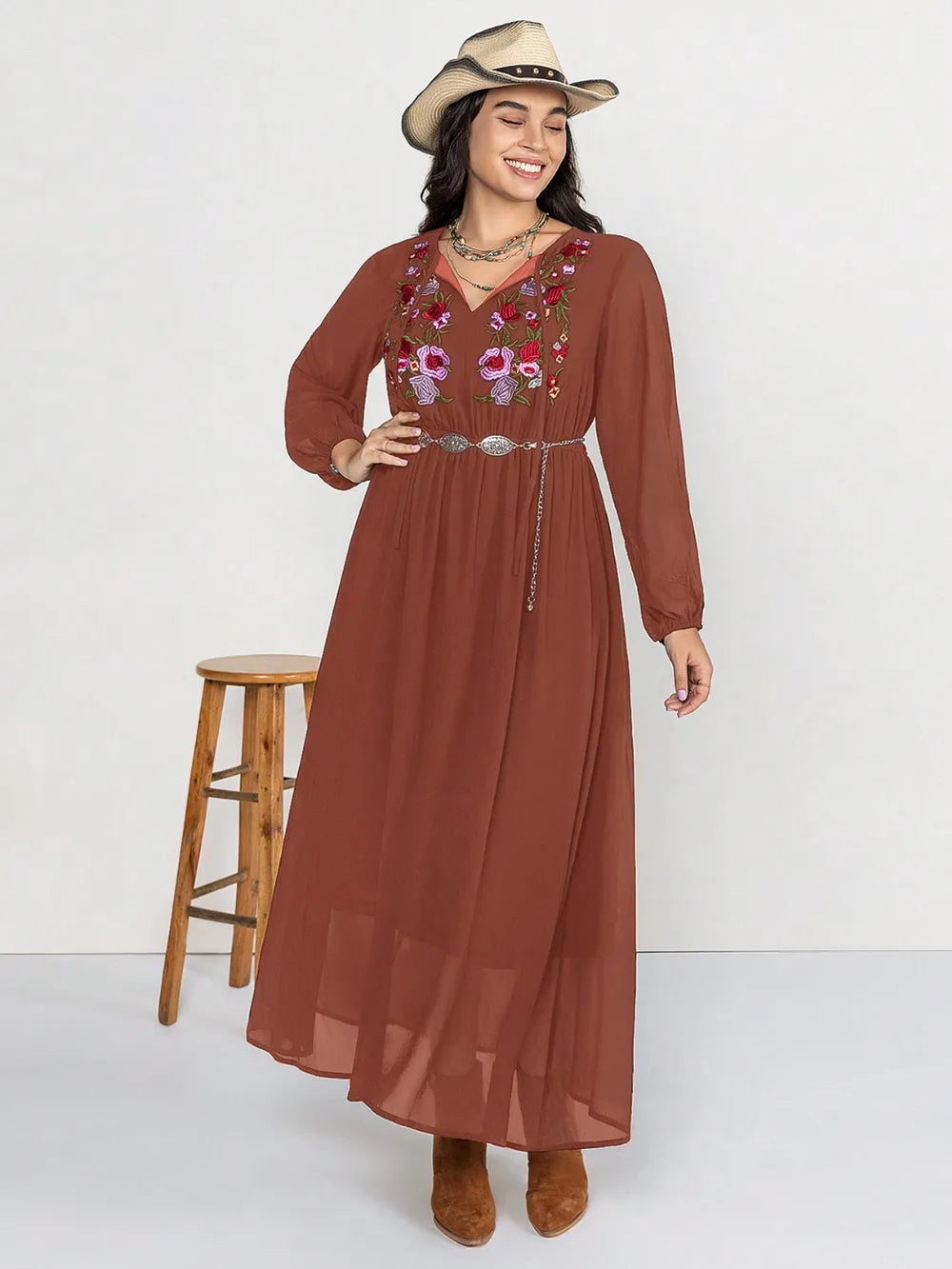 Plus Size Embroidered Tie-Neck Dress in Chestnut