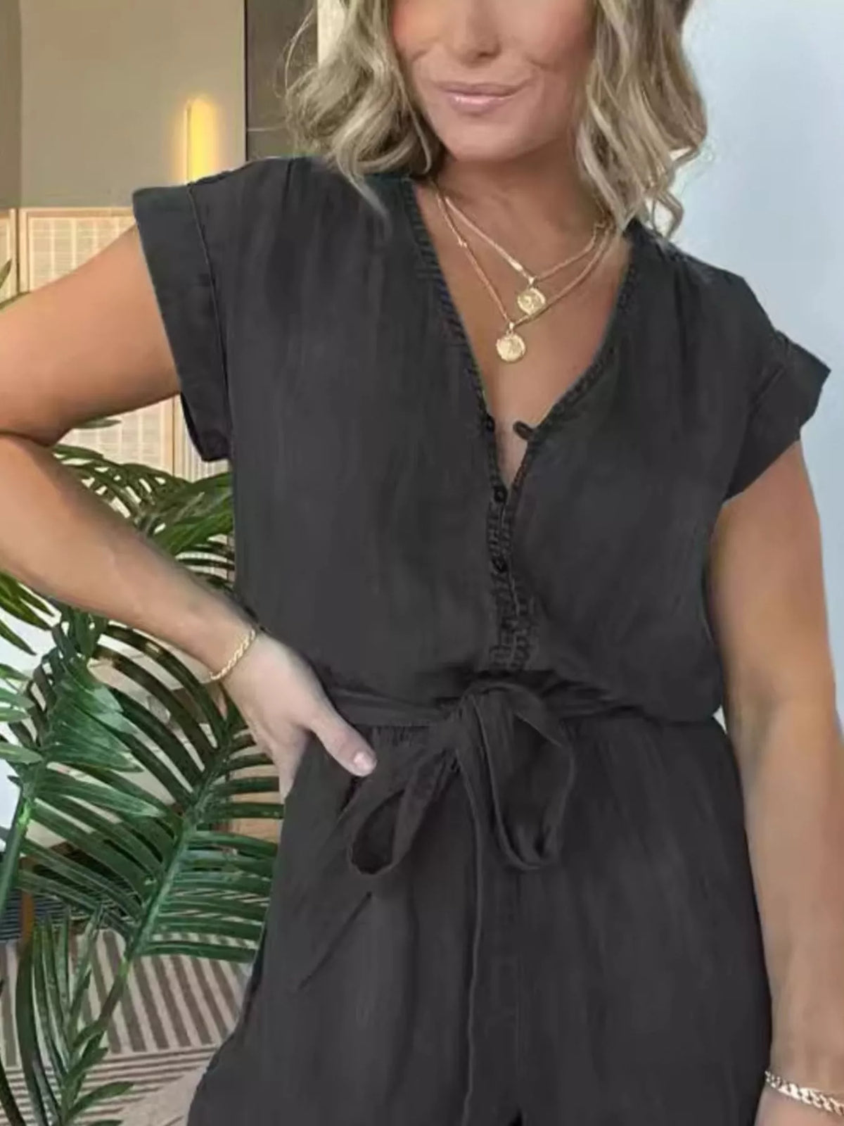 Tie Waist Cap Sleeve Romper