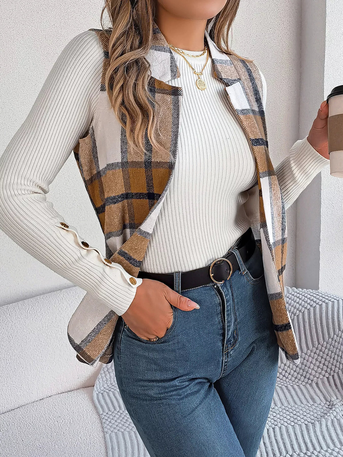 Plaid Open-Front Vest by Clise