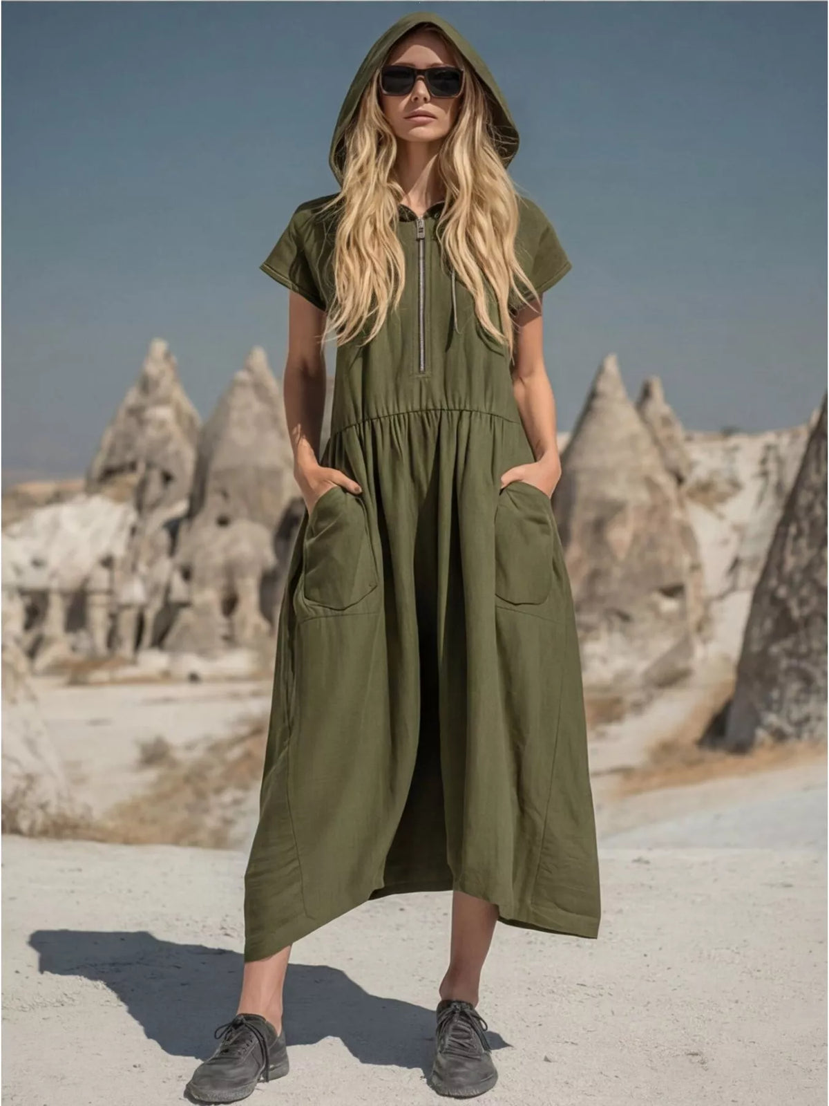 Hooded Midi Dress with Pockets