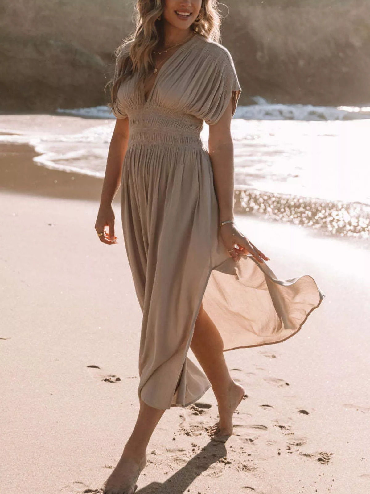 Smocked Waist V-Neck Slit Maxi Dress