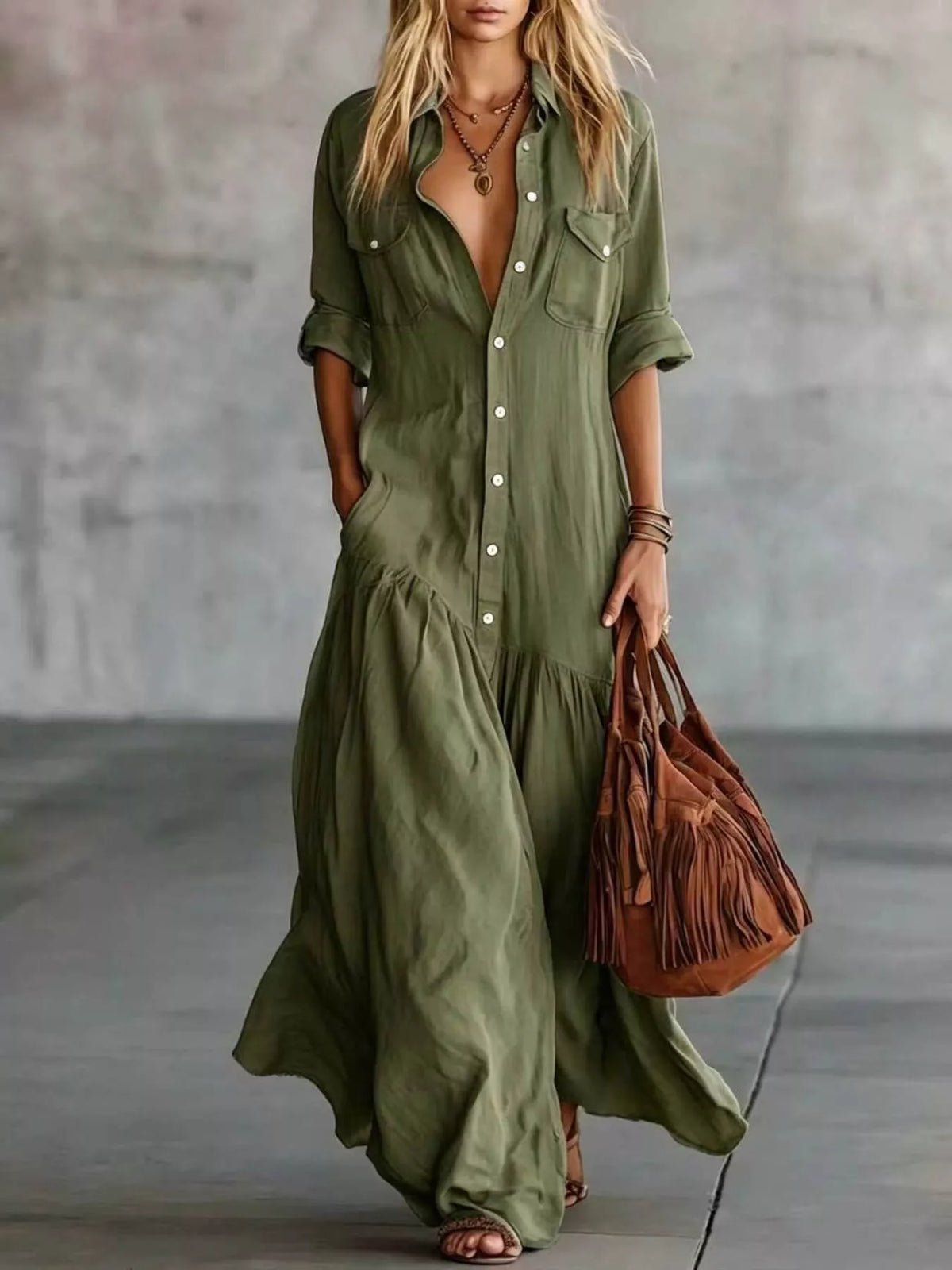 Button Front Roll-Up Sleeve Maxi Dress