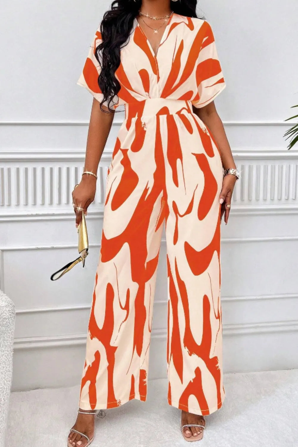 Printed V-Neck Wide Leg Jumpsuit