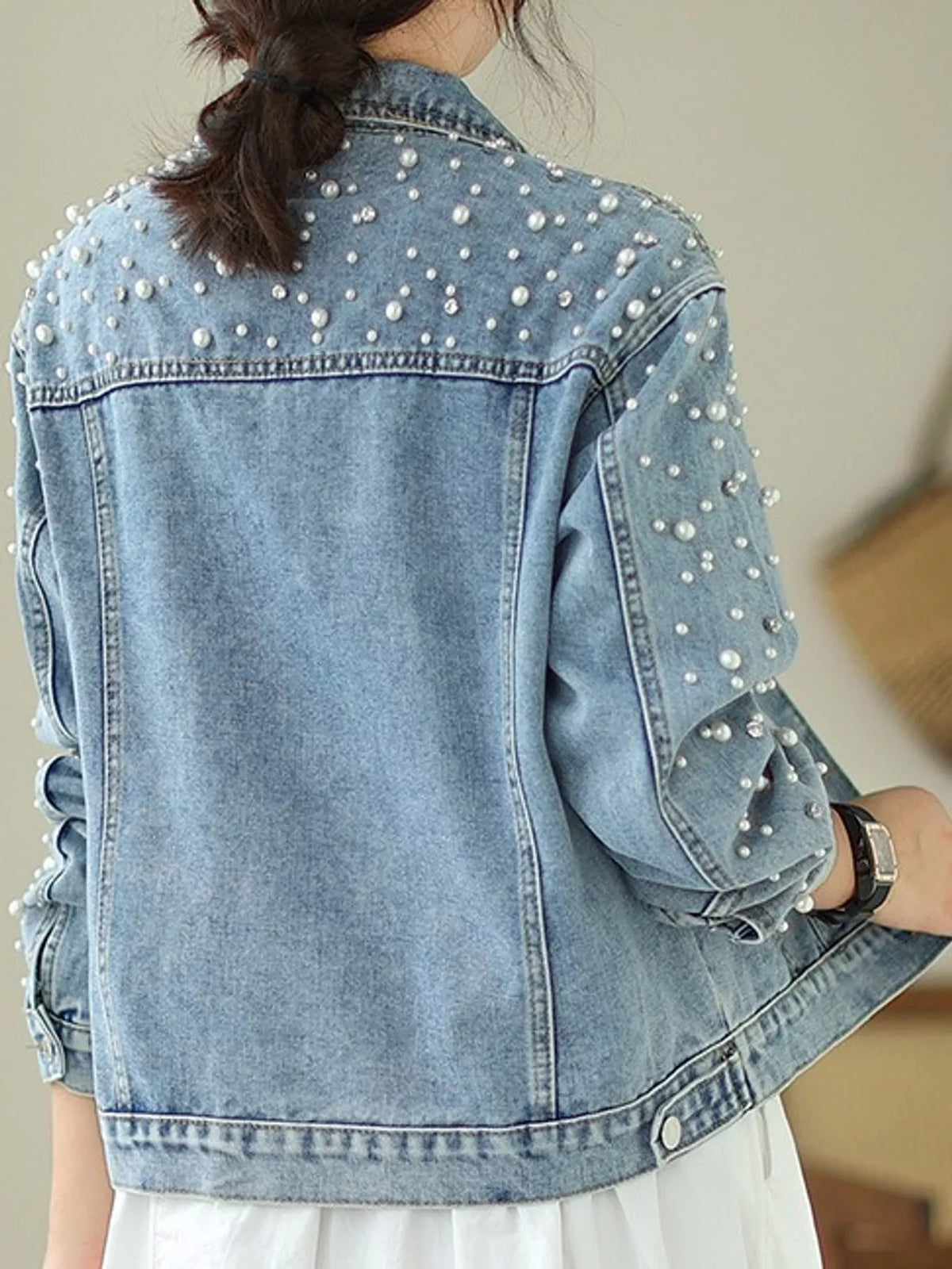Pearl Detail Button-Up Denim Jacket