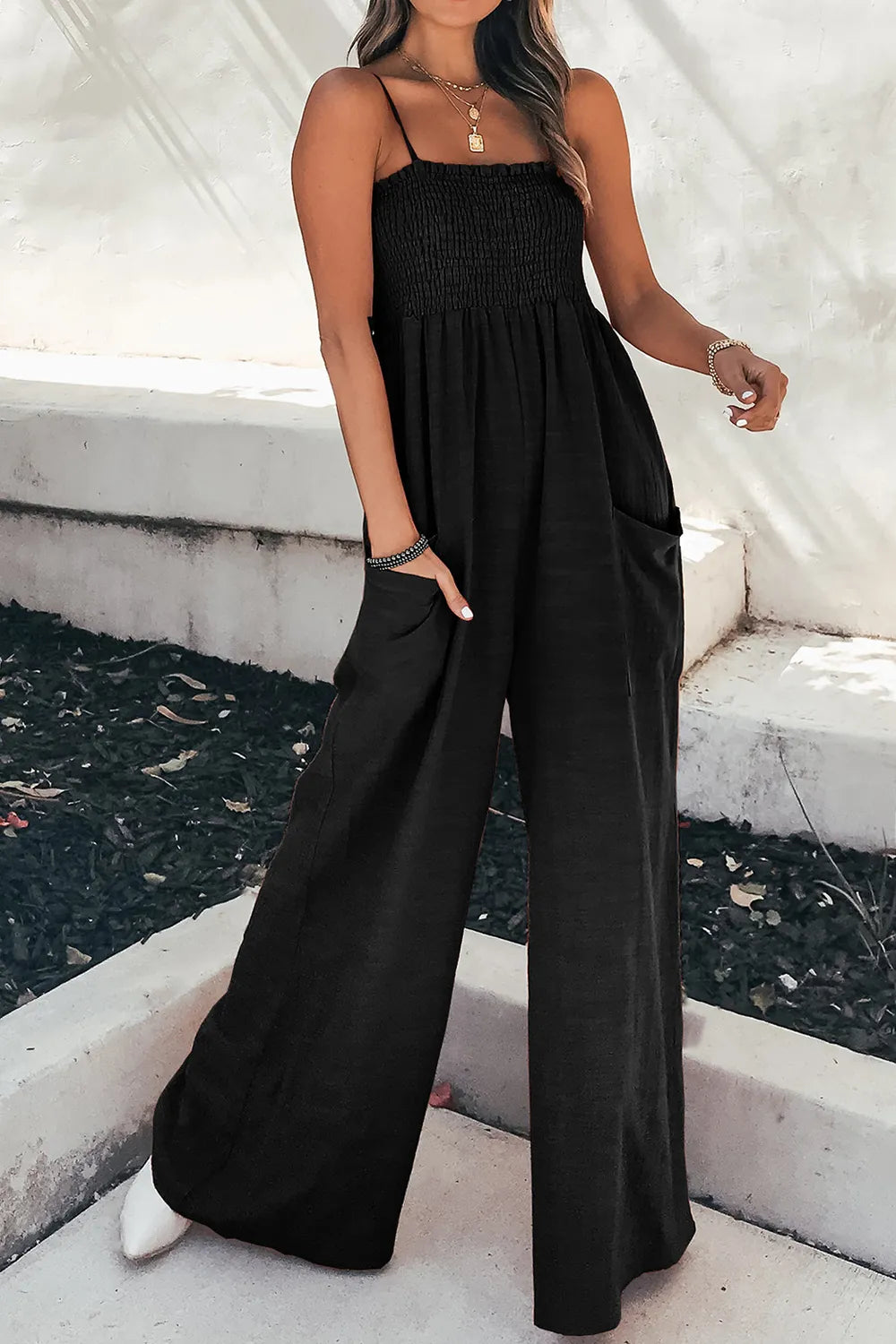 Smocked Spaghetti-Strap Wide-Leg Jumpsuit