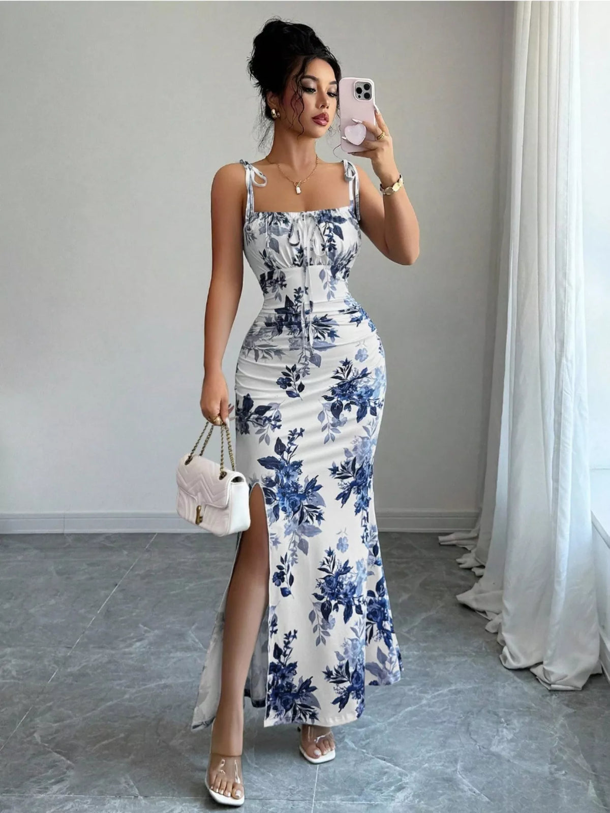 Printed Tie Strap Maxi Dress with Slit