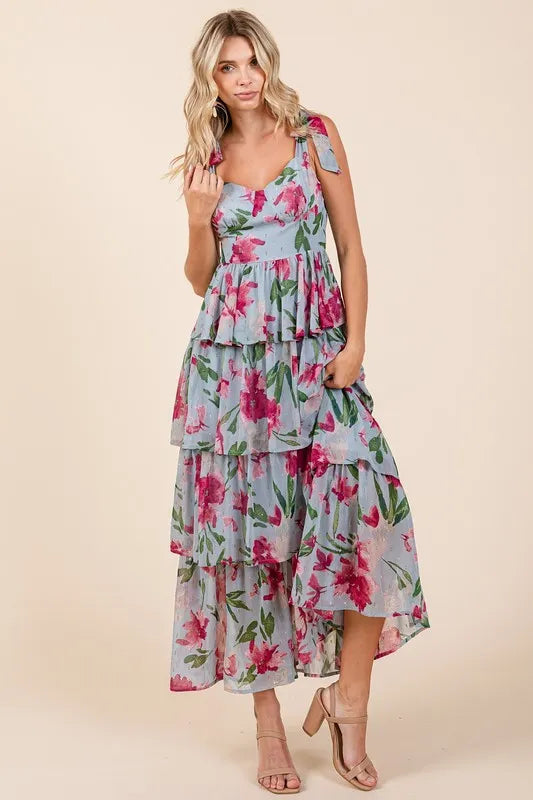 Floral Sweetheart Neck Maxi Dress in Dusty Blue by Mittoshop